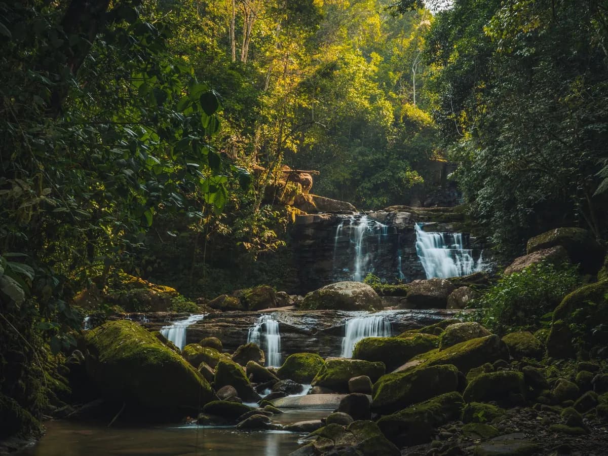 Tiered waterfall flowing through the rainforest in San Martín, Peru.